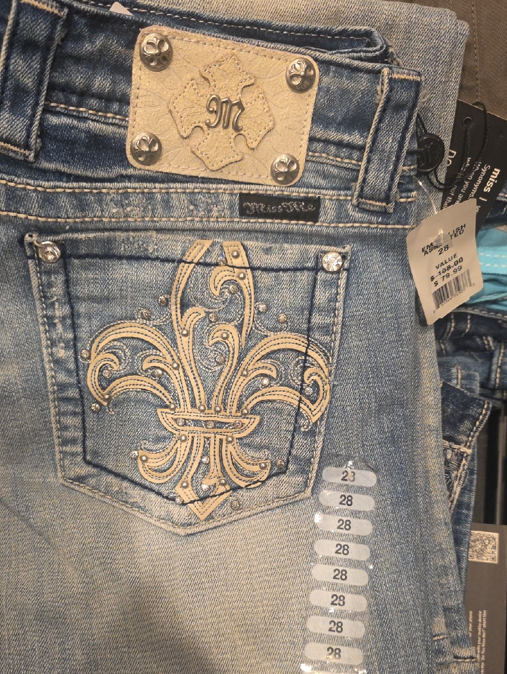 Miss Me Light Blue Denim Jeans with Tan Fleur-de-Lis Embroidery